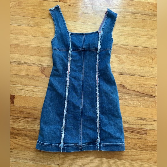 Urban Outfitters Dresses & Skirts - Urban Outfitters Medium Wash Denim Mini Dress with Pink and White Frayed Detail
